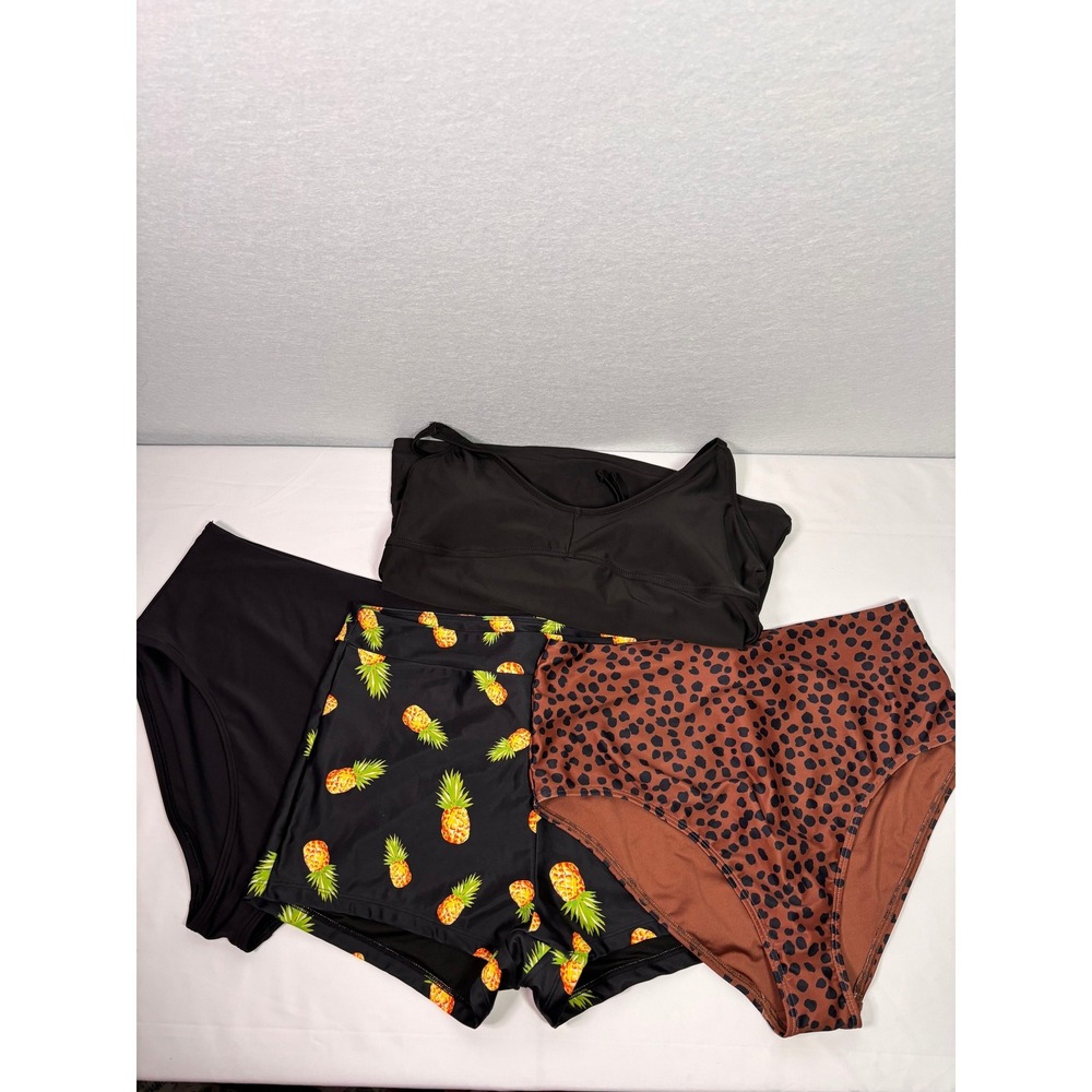 Old Navy Womens 4pc Swim Set Tankini Top High Waist Bottoms Pineapple Leopard L